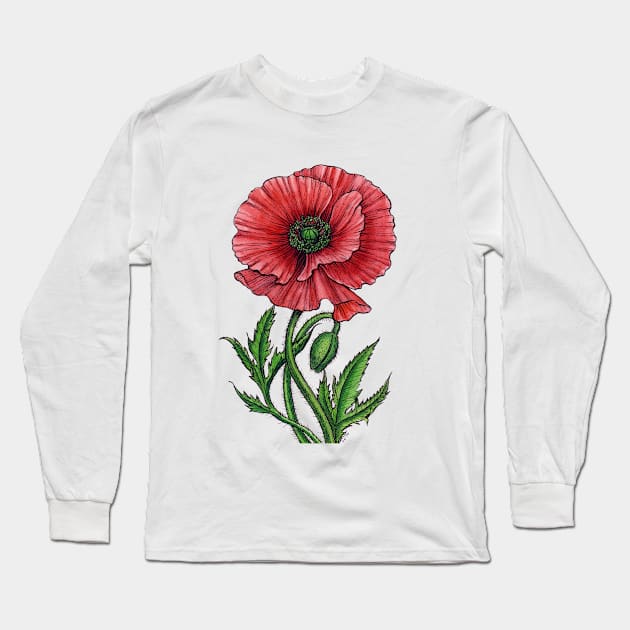 Red poppy, watercolor and ink Long Sleeve T-Shirt by katerinamk